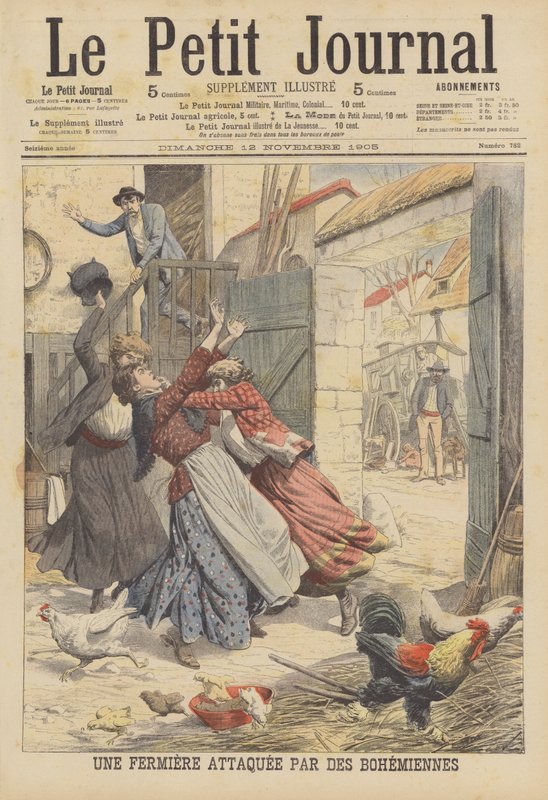 Een boer aangevallen door zigeuners (kleurenlitho) door French School