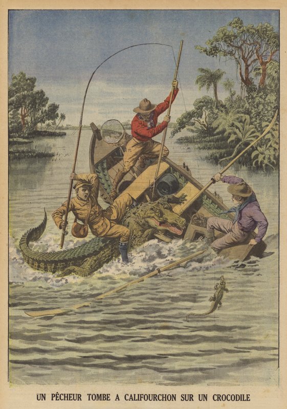 Een visser valt over een krokodil nadat deze zijn boot heeft omgegooid door French School