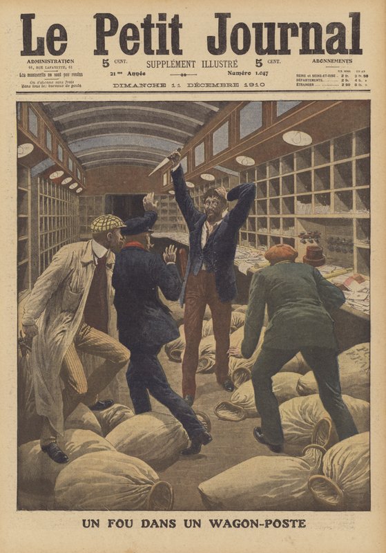 Een gek in een postkoets op een trein die aankomt in Parijs door French School