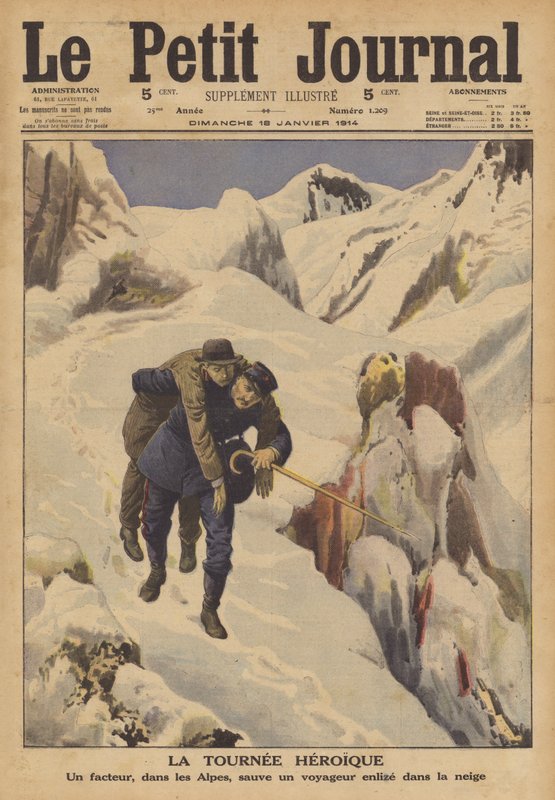 Een postbode redt een reiziger die verdwaald is in de sneeuw in de Alpen door French School