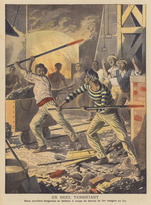 Een angstaanjagend duel (kleurenlitho) door French School