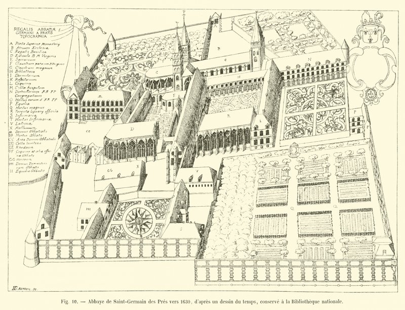 Abdij van Saint-Germain des Pres rond 1630, naar een tekening uit die tijd, bewaard in de nationale bibliotheek door French School