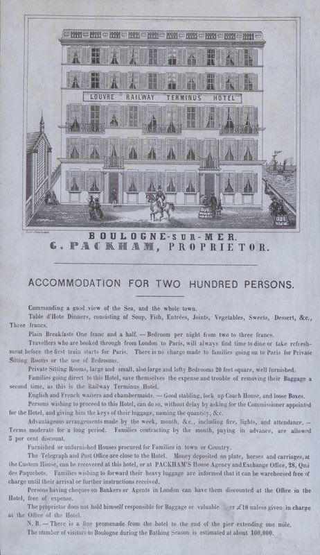 Advertentie voor het Louvre Railway Terminus Hotel, Boulogne-sur-Mer, Frankrijk door French School