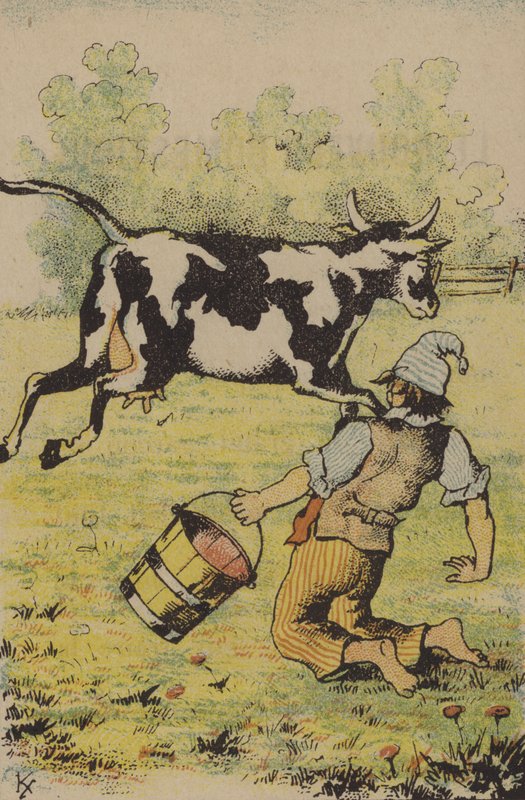 Een mislukte poging om een koe te melken (kleur litho) door French School