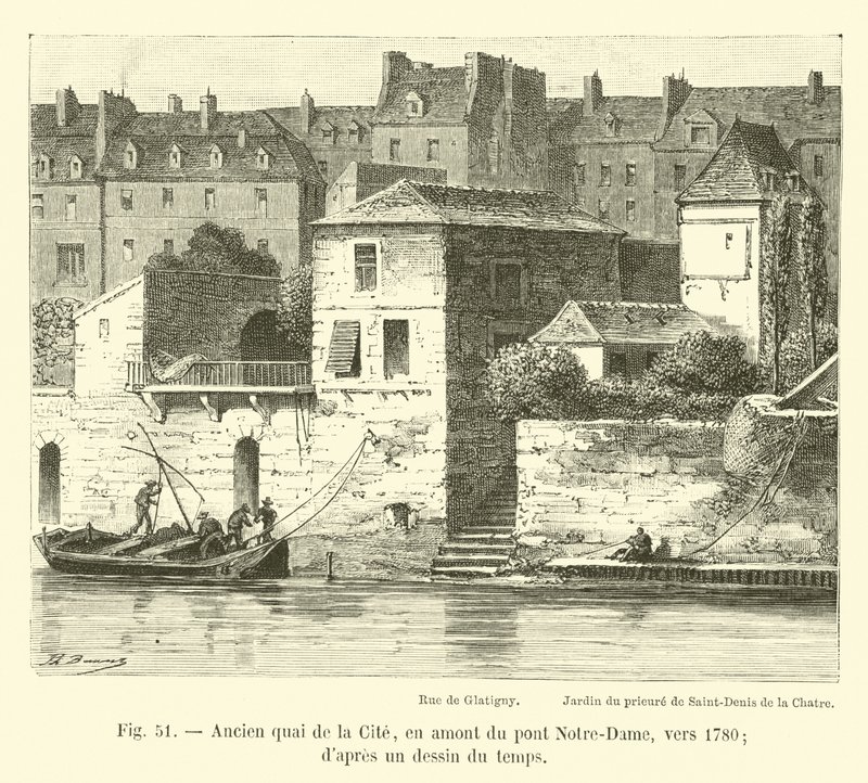 Oude kade van de Cite, stroomopwaarts van de Notre-Dame brug, rond 1780; naar een tekening uit die tijd door French School