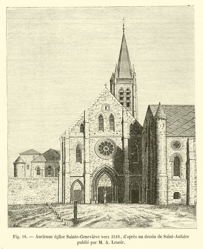 Oude kerk Sainte-Genevieve rond 1516, naar een tekening van Saint-Aulaire gepubliceerd door M A Lenoir door French School