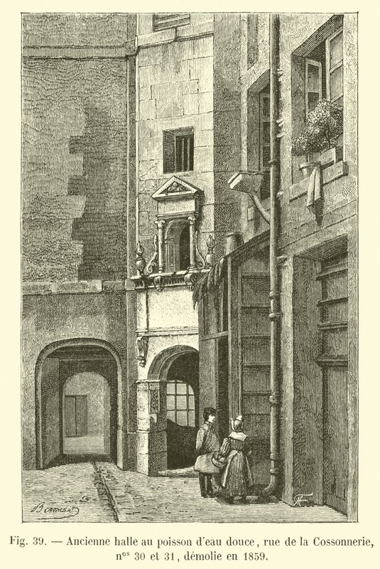 Oude vismarkt van zoetwatervis, rue de la Cossonnerie, nr. 30 en 31, gesloopt in 1859 door French School