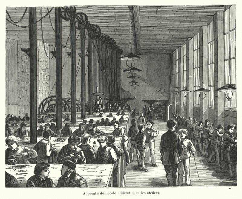 Leerlingen in de werkplaatsen van de Ecole Diderot in Parijs, Frankrijk door French School