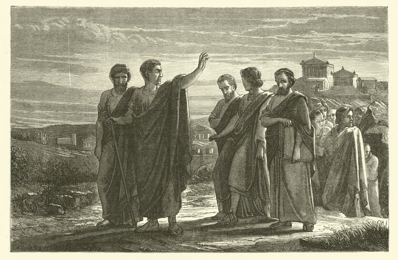 Aristoteles verbannen uit Athene met zijn discipelen door French School