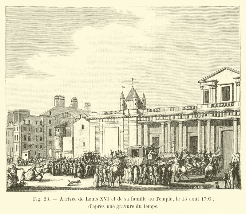 Aankomst van Lodewijk XVI en zijn familie bij de Tempel, op 13 augustus 1792; naar een gravure uit die tijd door French School