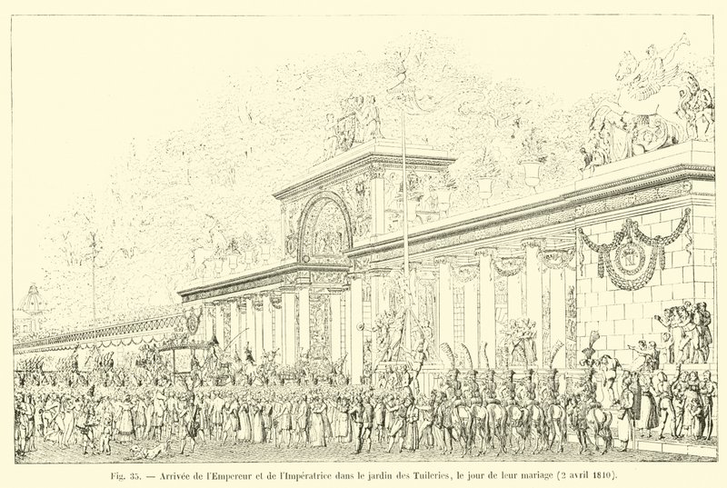 Aankomst van de Keizer en de Keizerin in de tuin van de Tuilerieën, op hun huwelijksdag, 2 april 1810 door French School
