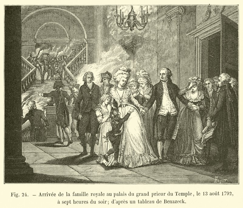 Aankomst van de koninklijke familie bij het paleis van de grootprior van de Tempel, op 13 augustus 1792, om zeven uur 