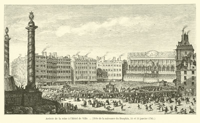 Aankomst van de koningin in het stadhuis, feest van de geboorte van de Dauphin, 21 en 23 januari 1782 door French School