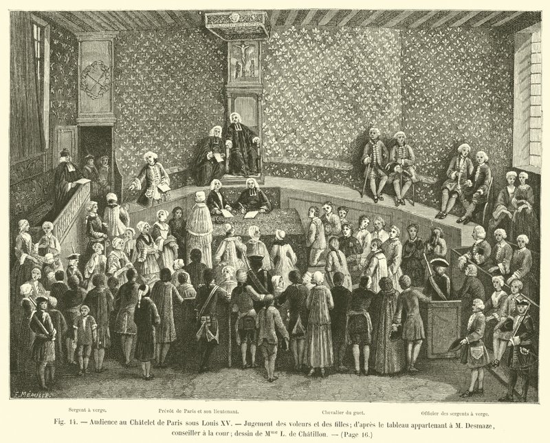 Zitting in het Chatelet van Parijs onder Lodewijk XV, oordeel over dieven en meisjes; naar het schilderij van M Desmaze, raadsheer aan het hof; tekening van Mme L de Chatillon door French School