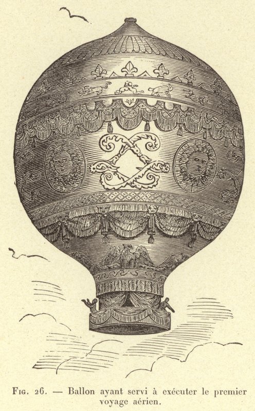 Ballon gebruikt voor de eerste luchtreis (gravure) door French School