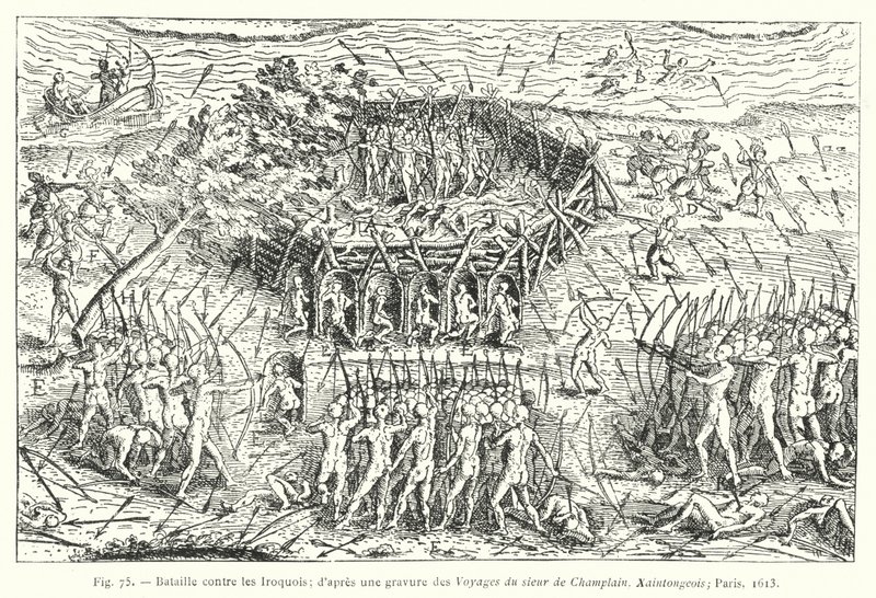 Slag tegen de Iroquois; naar een gravure uit de reizen van de heer de Champlain, Xaintongeois, Parijs door French School