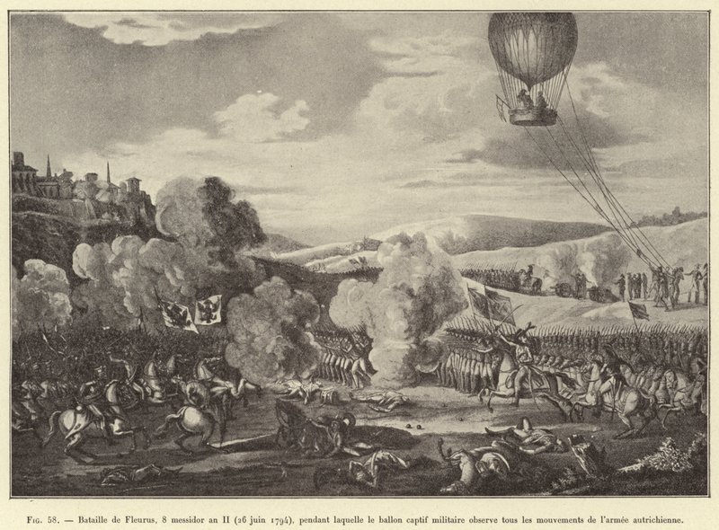 Slag bij Fleurus, 8 messidor jaar II (26 juni 1794), waarbij de militaire luchtballon alle bewegingen van het Oostenrijkse leger observeert door French School