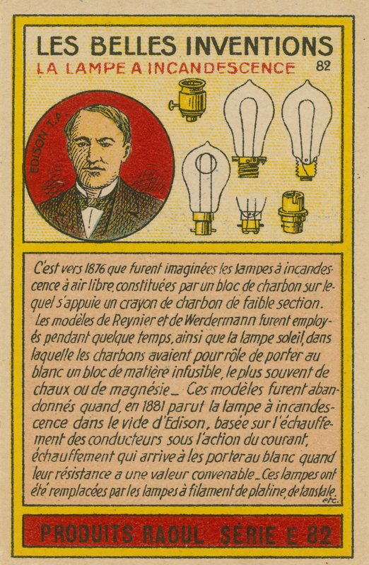 Kaart van mooie uitvindingen, gloeilampen door French School