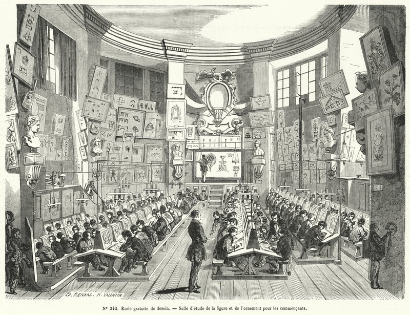 Beginnersklas in een gratis tekenschool, Frankrijk (gravure) door French School