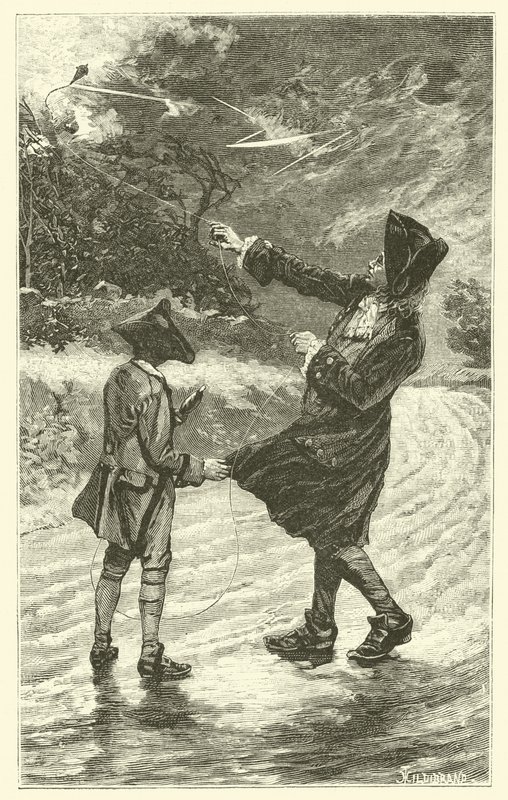 Benjamin Franklin vliegt zijn vlieger (gravure) door French School