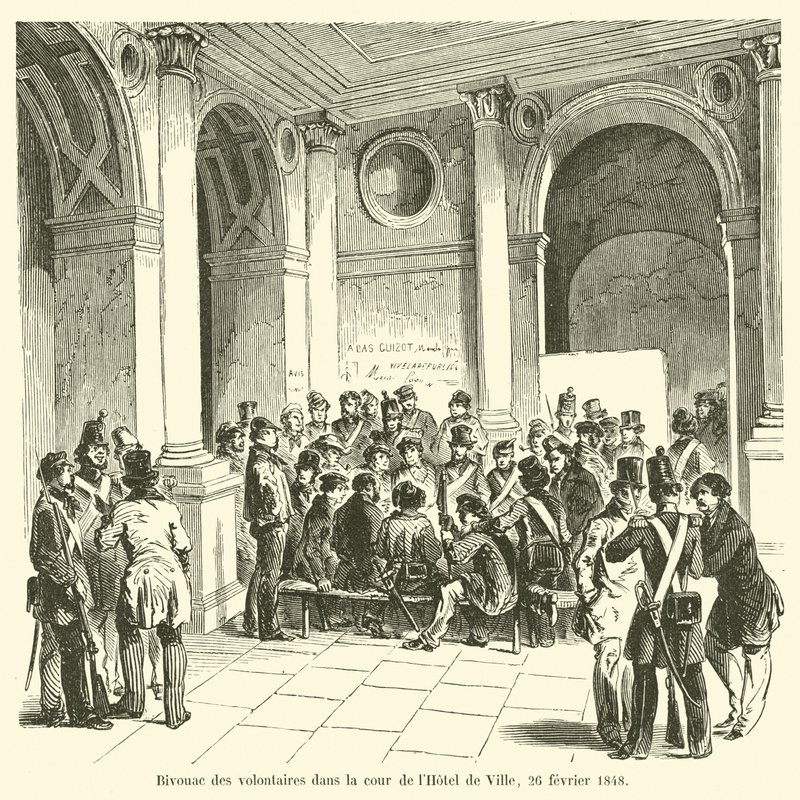 Bivak van vrijwilligers in de binnenplaats van het stadhuis, 26 februari 1848 door French School