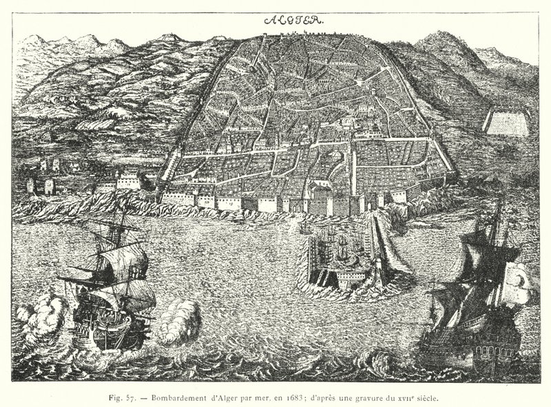 Bombardement van Algiers vanaf zee, in 1683; naar een gravure uit de XVIIe eeuw (gravure) door French School