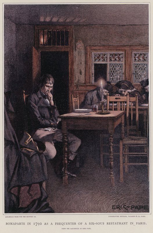 Bonaparte in 1792 als bezoeker van een zes-sous restaurant in Parijs door French School