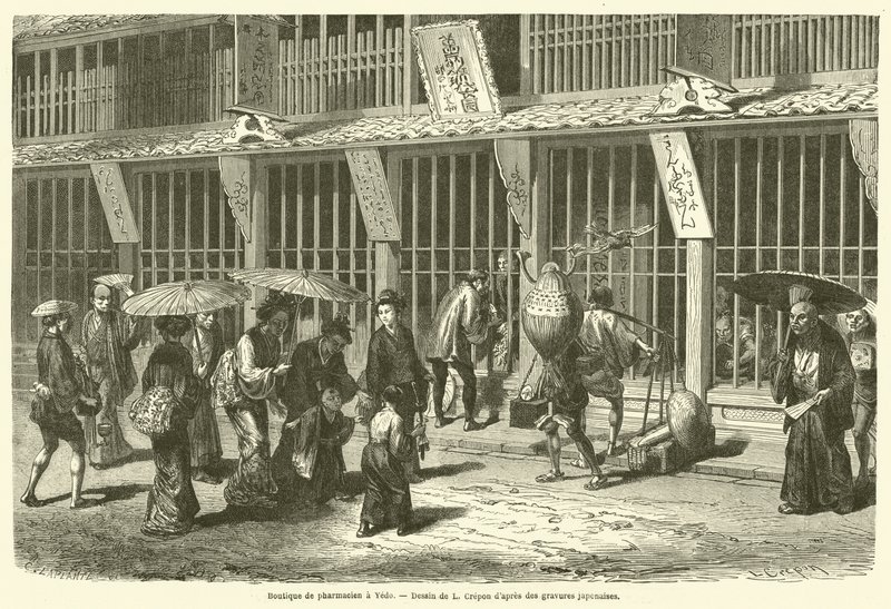 Apothekerswinkel in Yedo (gravure) door French School