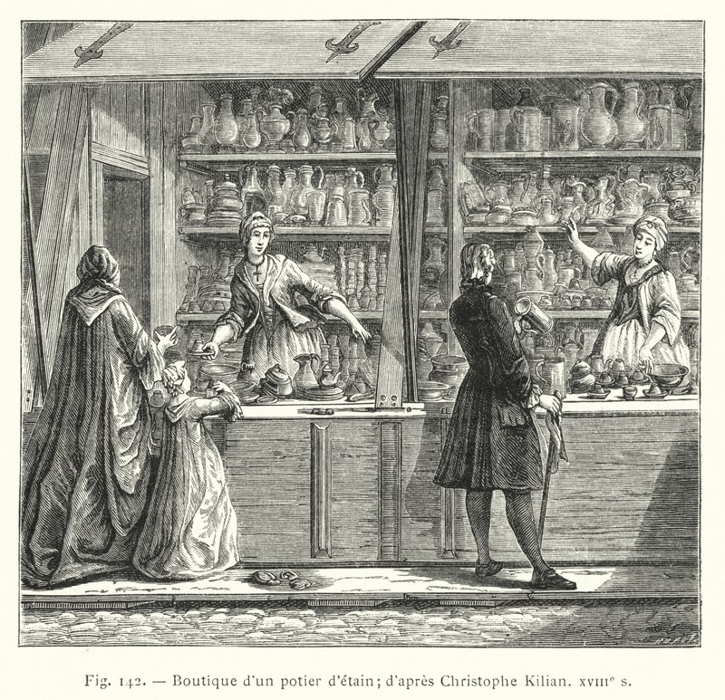 Winkel van een tinnegieter; naar Christophe Kilian, XVIIIe eeuw (gravure) door French School