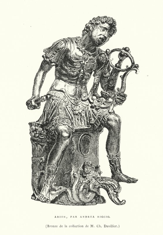 Bronzen figuur van de oude Griekse dichter Arion, door de Italiaanse renaissancebeeldhouwer Andrea Riccio, laat 15e of begin 16e eeuw (gravure) door French School