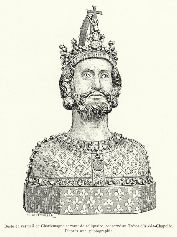 Vergulde buste van Karel de Grote die als reliekschrijn dient, bewaard in de schatkamer van Aken (gravure) door French School