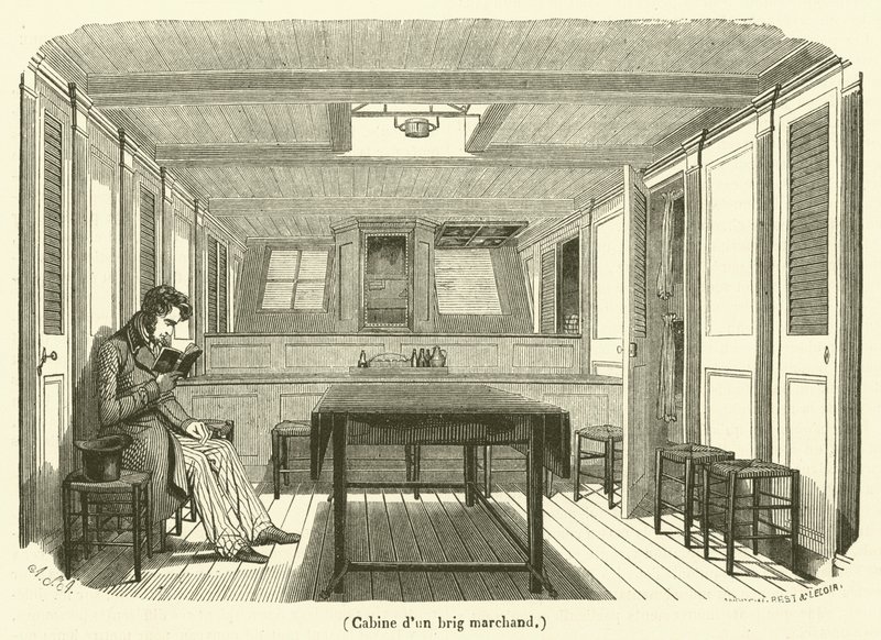 Kajuit van een koopvaardijbrik (gravure) door French School