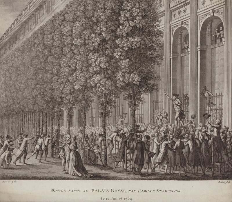 Camille Desmoulins roept op tot wapens voor het volk in het Palais Royal, Parijs door French School