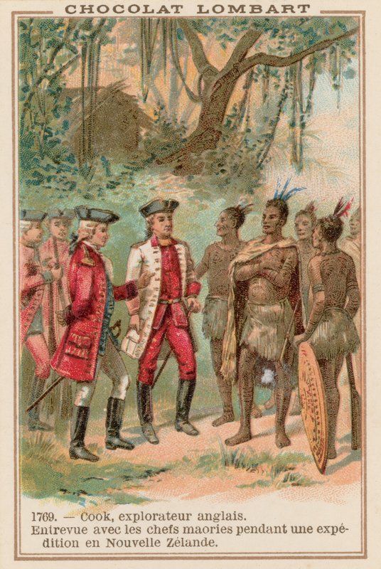 Kapitein James Cook ontmoet Maori-hoofden in Nieuw-Zeeland, 1769 door French School