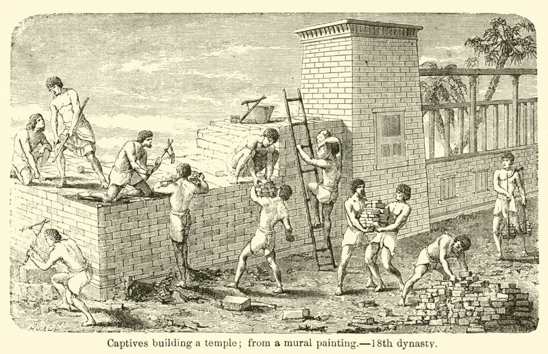 Gevangenen bouwen een tempel; van een muurschildering door French School