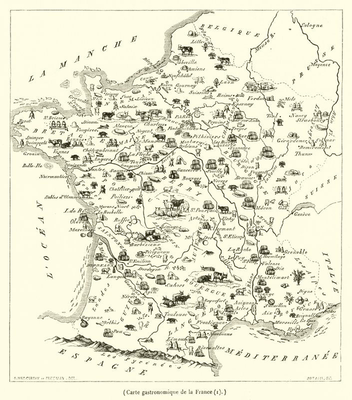 Gastronomische kaart van Frankrijk (gravure) door French School