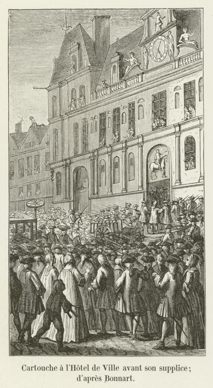 Cartouche in het stadhuis voor zijn executie; naar Bonnart door French School