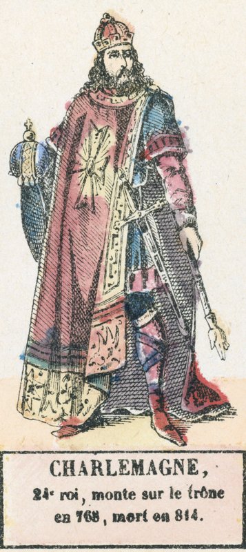 Karel de Grote, 24e koning, besteeg de troon in 768, stierf in 814 door French School
