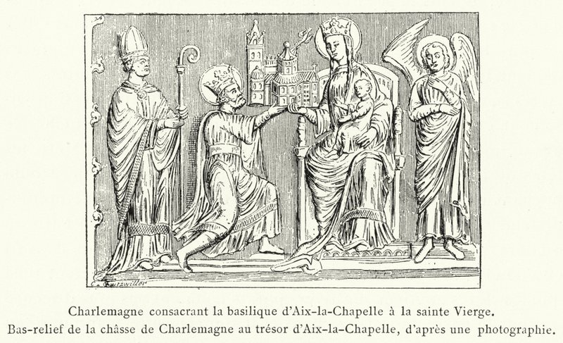 Karel de Grote wijdt de basiliek van Aken aan de Heilige Maagd, Bas-reliëf van de jacht van Karel de Grote in de schatkamer van Aken (gravure) door French School