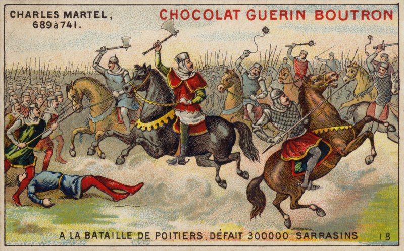 Karel Martel verslaat een leger van 300.000 Saracenen bij de Slag om Poitiers, 732 door French School