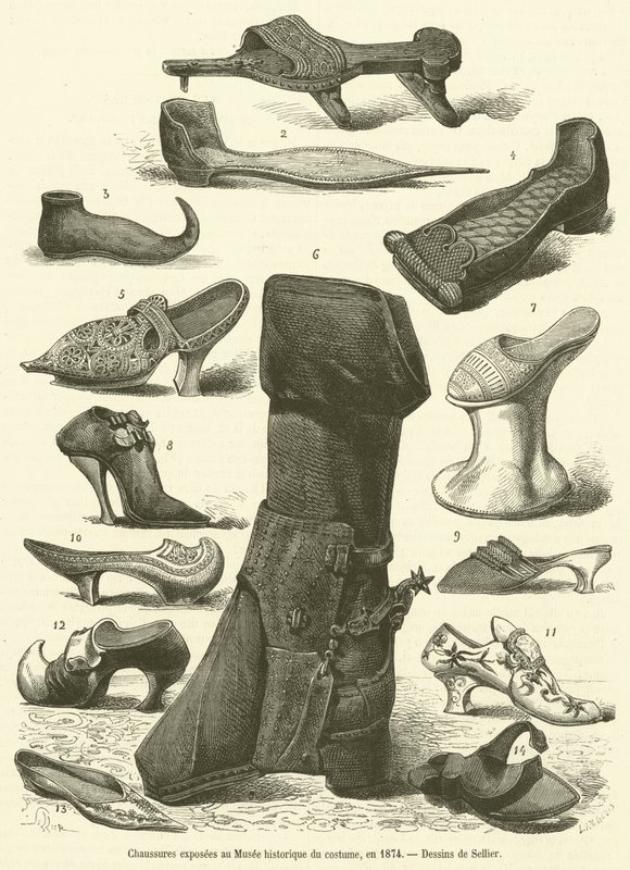 Tentoonstelling van schoenen in het Historisch Kostuummuseum, 1874 door French School