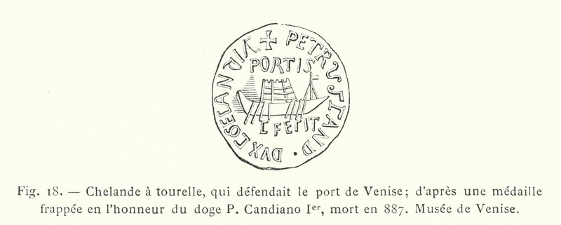 Chelande met toren, die de haven van Venetië verdedigde; naar een medaille geslagen ter ere van de doge P Candiano I, overleden in 887, museum van Venetië door French School