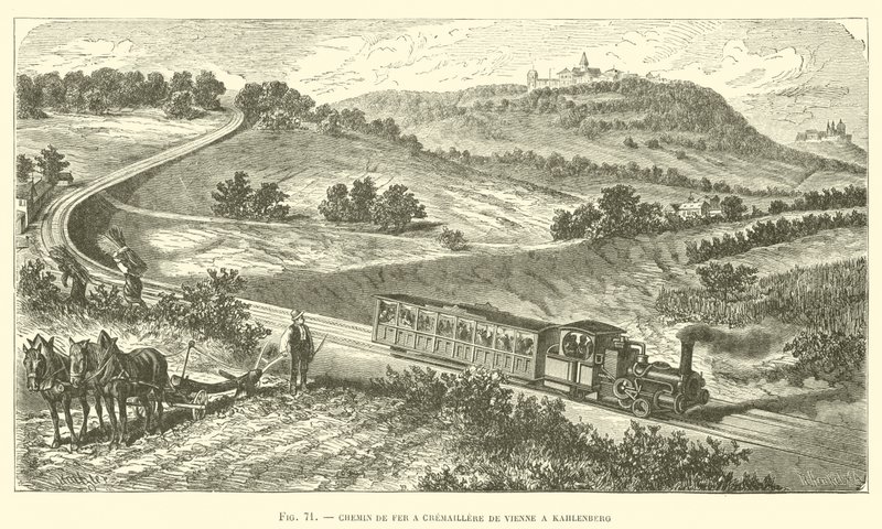 Tandradspoorweg van Wenen naar Kahlenberg (gravure) door French School