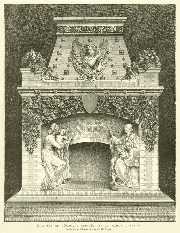 Keramische schoorsteen tentoongesteld door het huis Loebnitz, tekening van M Sedille, figuur van M Aller door French School