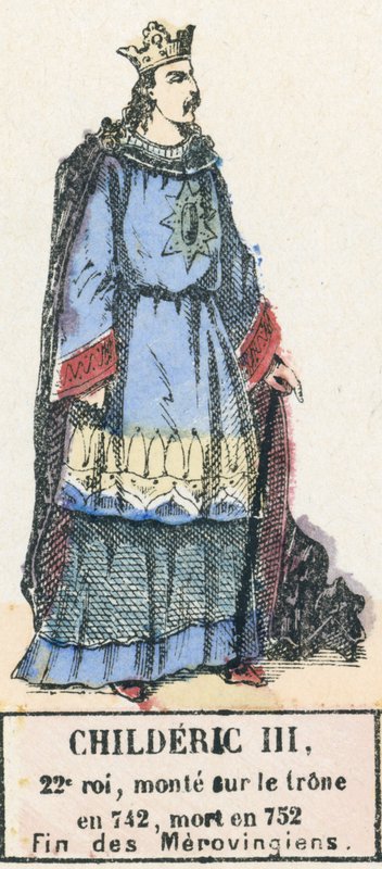 Childeric III, 22e koning, besteeg de troon in 742, stierf in 752, Einde van de Merovingen door French School