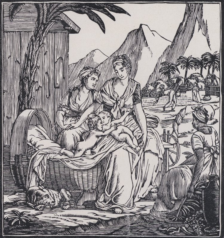 De kindertijd van Paul en Virginie, scène uit de roman Paul et Virginie van de Franse auteur Jacques-Henri Bernardin de Saint-Pierre (litho) door French School