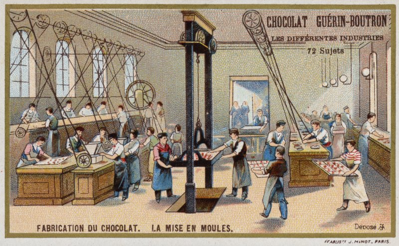 Chocoladeproductie. Chocolade in mallen gieten door French School