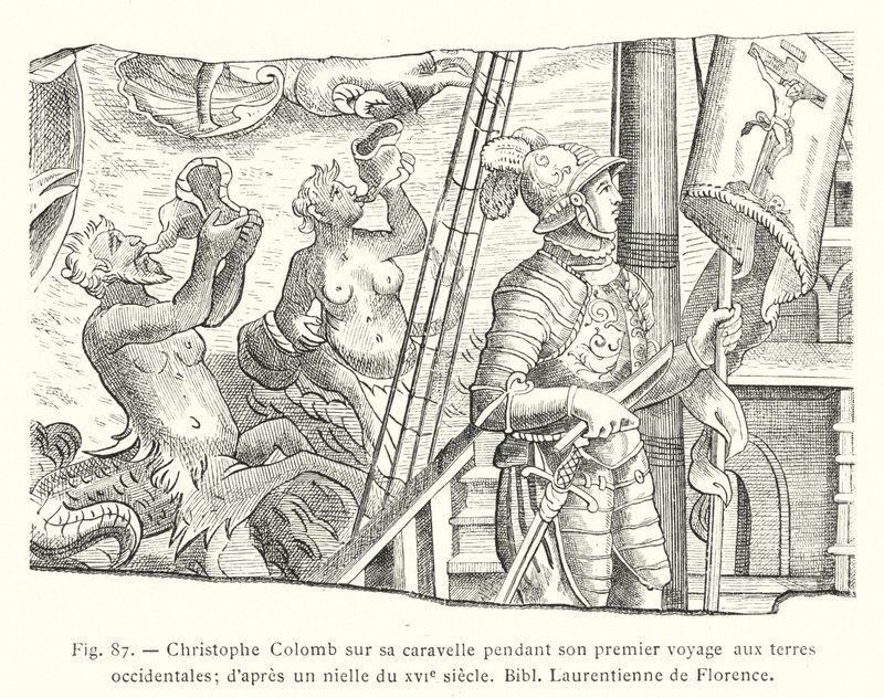 Christoffel Columbus op zijn karveel tijdens zijn eerste reis naar de westelijke landen; naar een niëllo uit de XVIe eeuw, Bibl Laurentienne van Florence (gravure) door French School