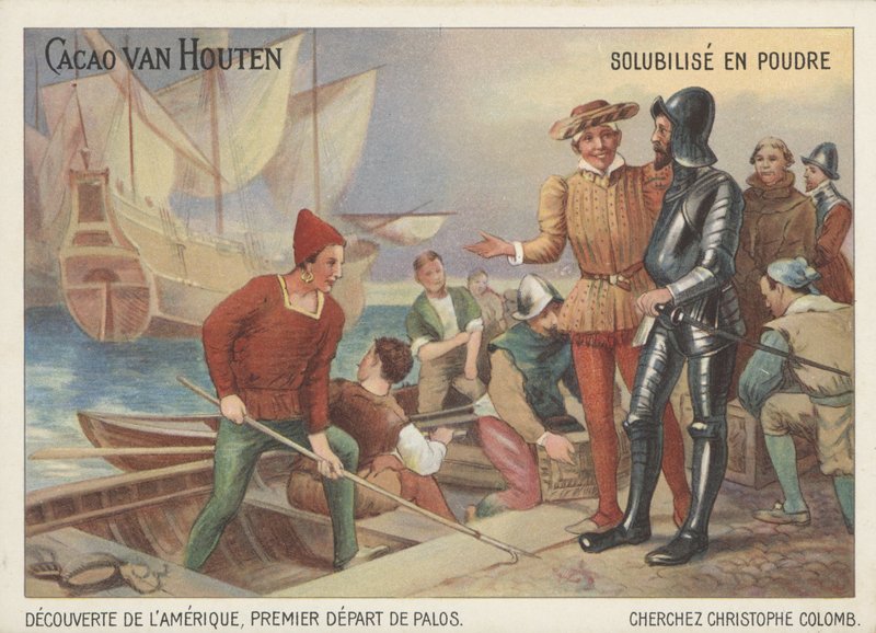 Christoffel Columbus vertrekt uit Palos op zijn reis om Amerika te ontdekken door French School