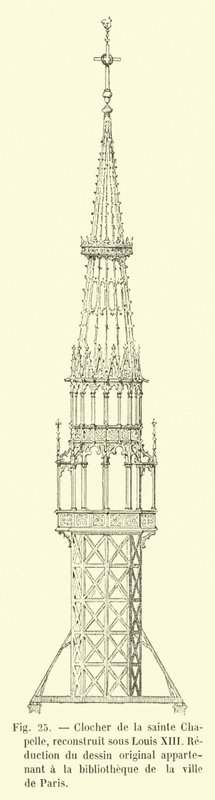 Klokkentoren van de Heilige Kapel, herbouwd onder Lodewijk XIII, verkleining van de originele tekening behorend tot de bibliotheek van de stad Parijs door French School